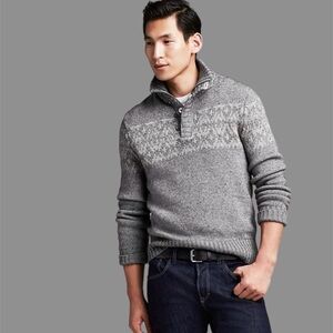 Banana Republic Chest Graphic Mock Neck Pullover Sweater Grey Wool Blend